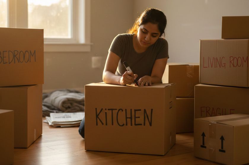 Person writing room labels on packed cardboard boxes stacked on the floor before a house move