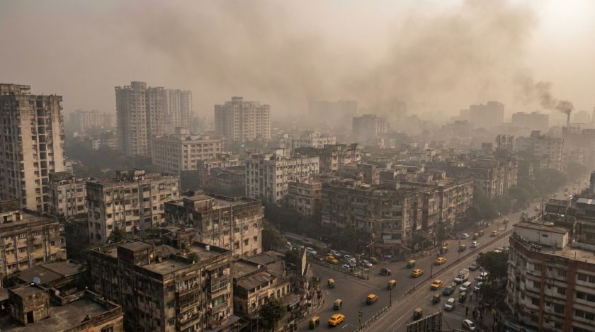 Hazy winter skyline over Kolkata with buildings partially obscured by smog