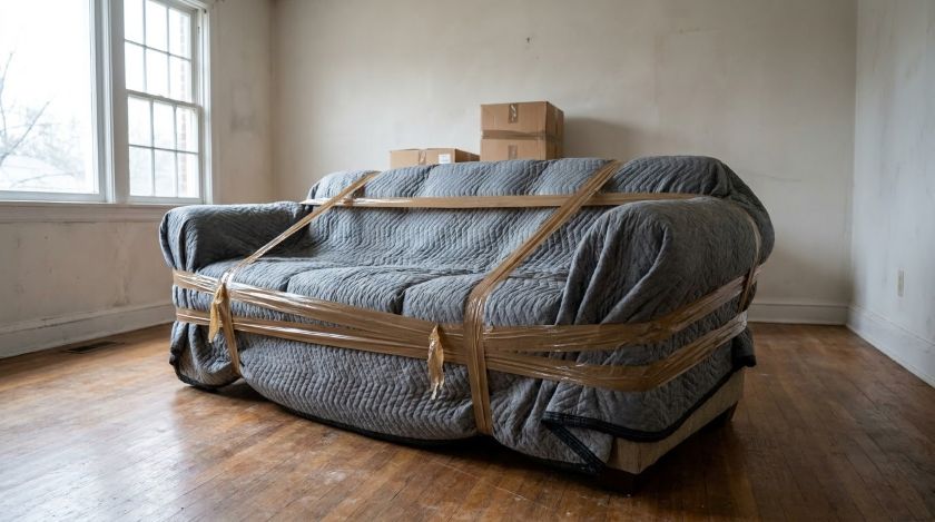 Fully wrapped sofa covered in moving blankets and secured with tape at the edges