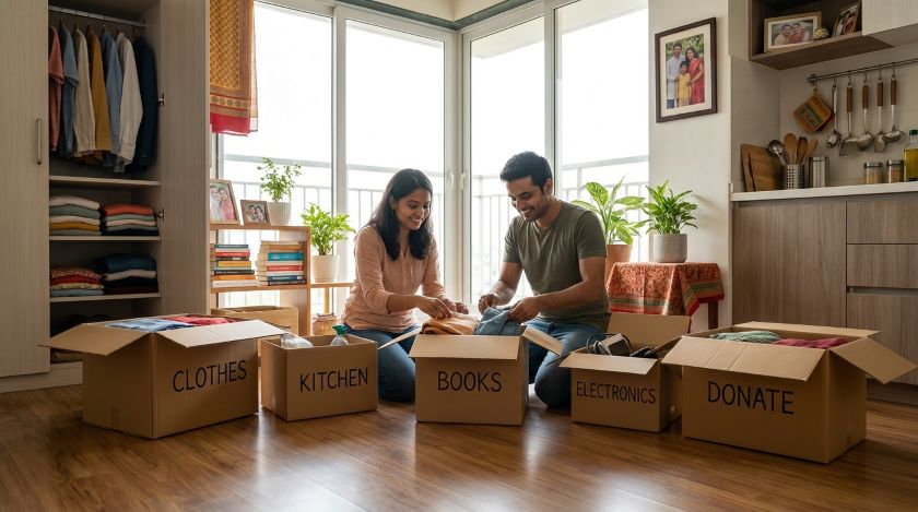 Labeled boxes for clothing, kitchenware, and books sorted by category on a bedroom floor