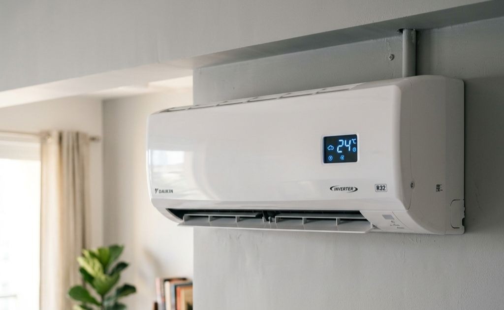 Split AC indoor wall unit and outdoor compressor unit installed in an Indian home