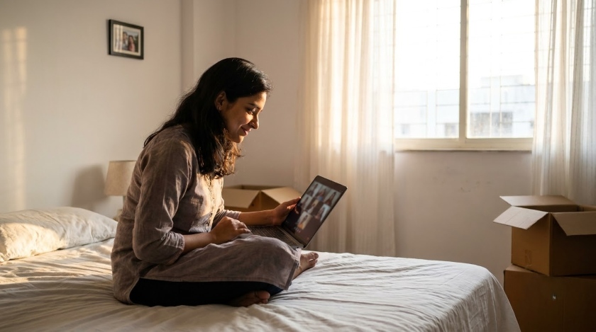 A woman on a video call with family from her bedroom in a new apartment, warm evening light through the window