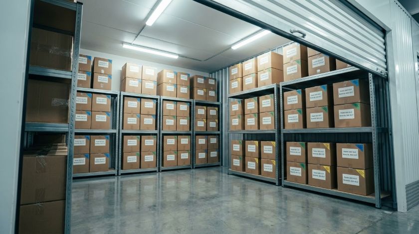 Labeled moving boxes with packed dates stacked neatly inside a storage unit