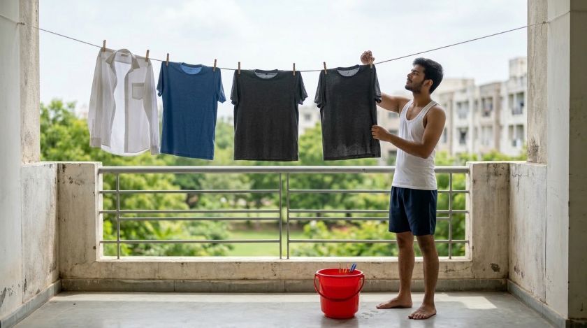 College student clipping washed clothes onto a nylon rope clothesline stretched across a hostel room balcony in afternoon sunlight