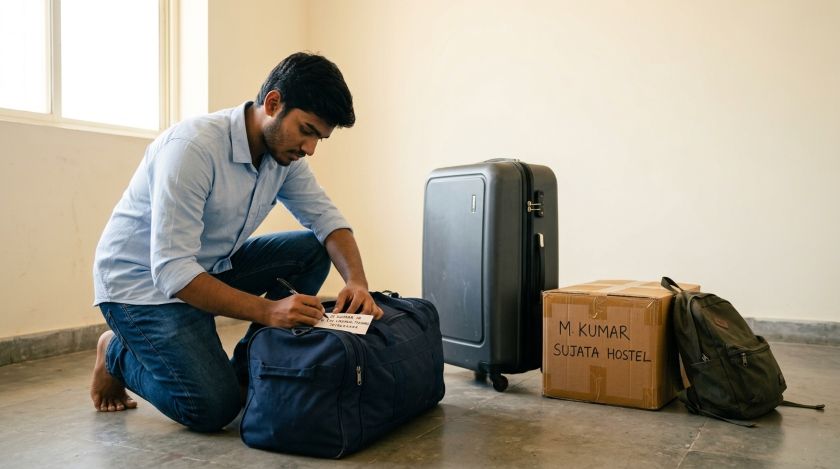 Indian college student writing category labels on sealed bags arranged on bedroom floor two days before hostel move-in day
