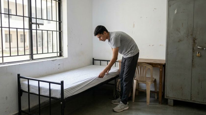 First-year student unfolding bedsheets and setting up bedding on a single bed in a college hostel room on move-in day