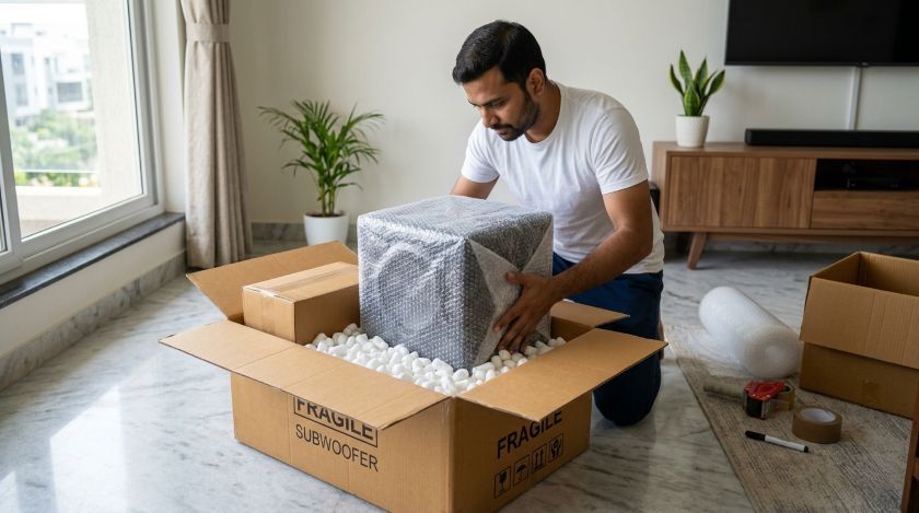 Subwoofer placed inside a larger outer box with packing peanuts filling all sides for double-box protection during moving