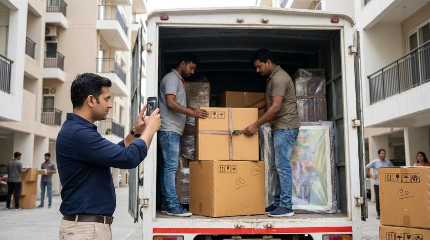 Homeowner photographing the interior of an open moving truck on a phone while two movers carefully stack labeled cardboard boxes inside during a house relocation