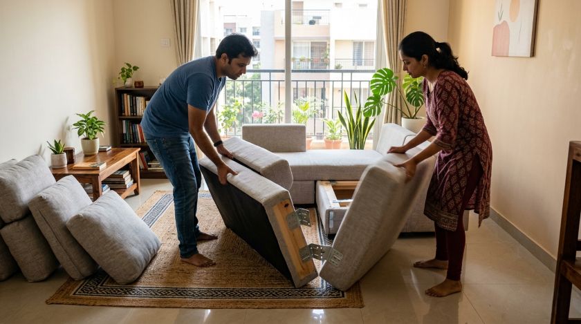 Two people pulling apart the two sections of an L-shaped sectional sofa in a living room before a house move