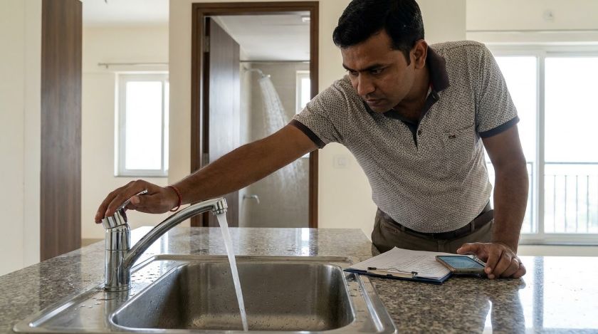 Buyer turning on multiple taps at the same time to test water pressure in a new apartment