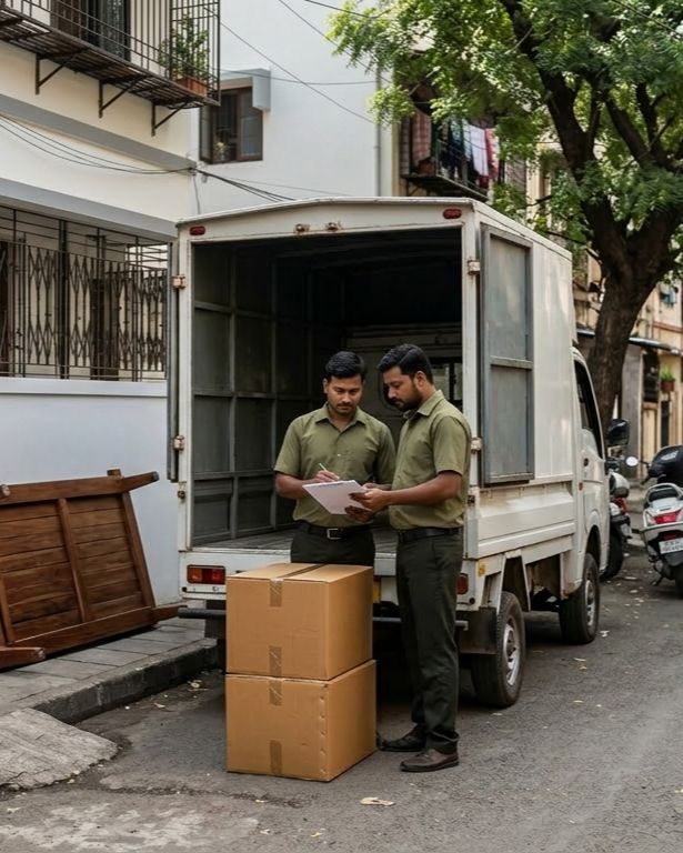A white Tata ACE mini truck with its loading bay open, parked outside a ground-floor 1 BHK apartment gate in an Indian residential colony, a single bed frame and three sealed carton boxes stacked on the footpath next to it