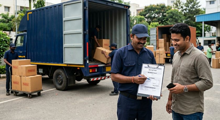 Customer reviewing vehicle registration and insurance papers handed over by tempo driver before house shifting begins