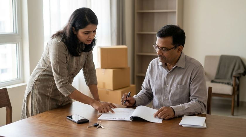 Tenant and landlord reviewing a rental agreement document together at a table