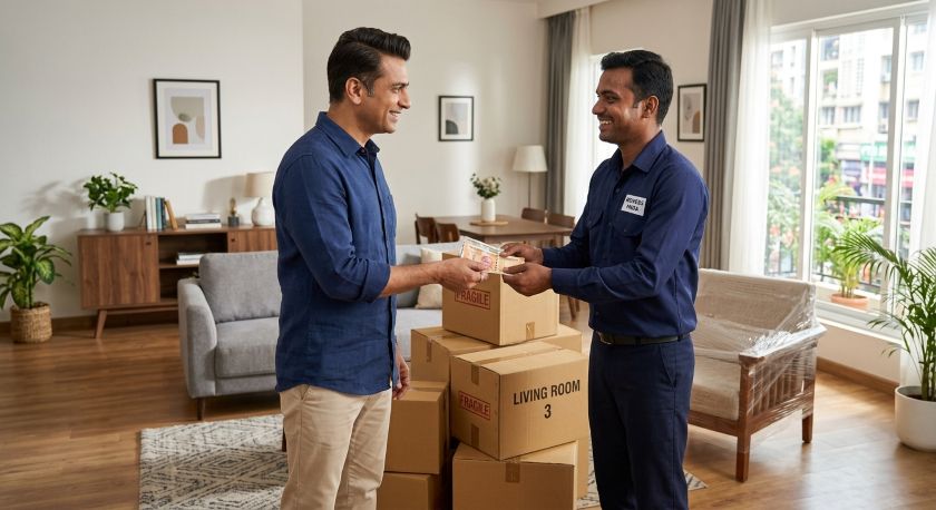 An Indian homeowner handing folded cash directly to a uniformed male mover in a bright modern apartment — a respectful thank-you after a smooth and careful move
