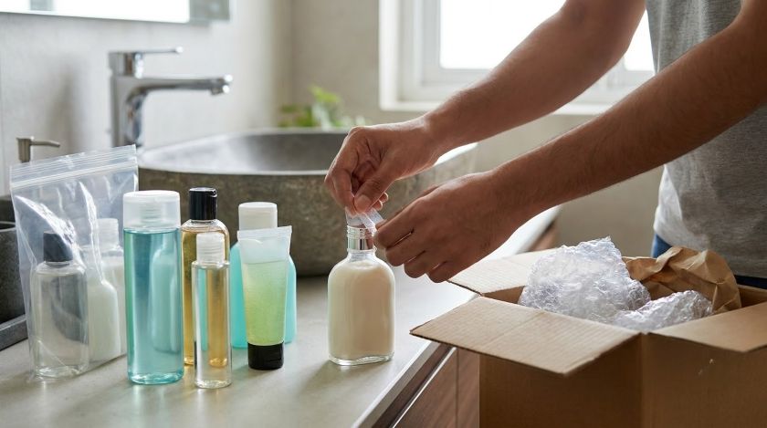 Toiletry bottles being taped shut and sealed into plastic bags on a bathroom counter