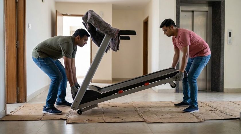 Two people tilting a folded treadmill back onto its transport wheels to roll it along a hallway covered with cardboard