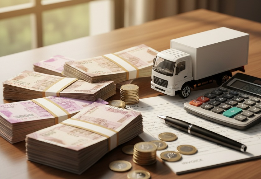 Indian rupee currency bundles arranged with truck model, calculator and invoice on desk showing pricing calculation elements