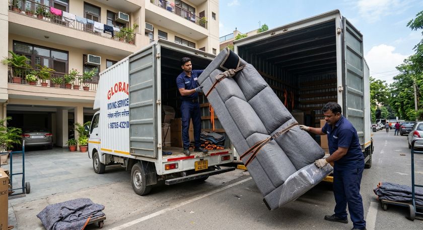 Movers positioning a sofa vertically against the truck wall and fastening it with cargo straps