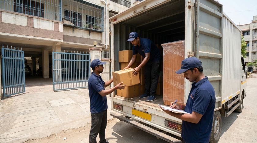 Moving crew loading sealed cardboard boxes and furniture into a dedicated moving truck outside a residential building