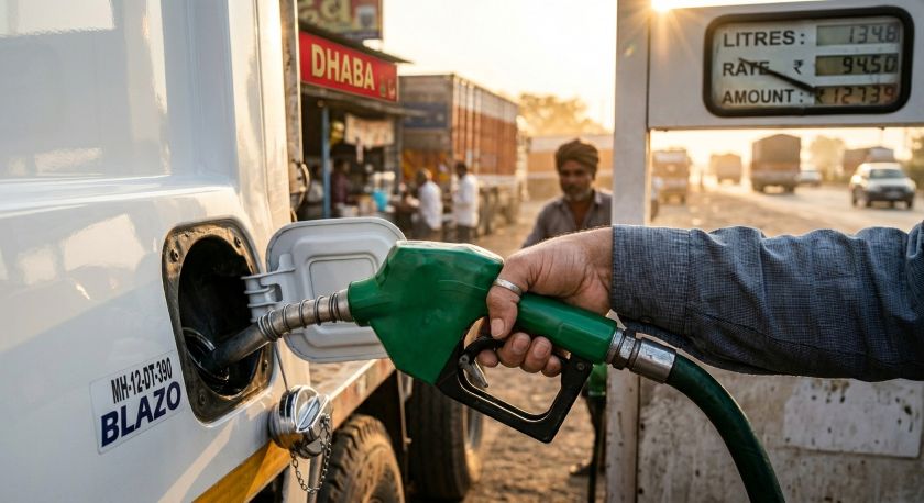 Close-up of an Indian truck driver's hand gripping a green diesel nozzle inserted into the fuel tank of a white Tata heavy goods vehicle parked at a busy highway dhaba fuel station in Maharashtra, warm golden hour sunlight, fuel gauge visible, dust on the truck body, Canon EOS R5 f/2.8 50mm, hyperrealistic