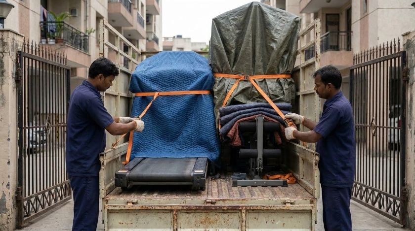 Treadmill wrapped in a moving blanket and strapped low inside a mini truck with padding placed between machines