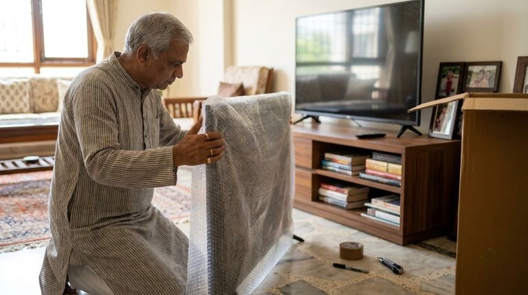 Man carefully wrapping a flat-screen television in bubble wrap before placing it in a moving box
