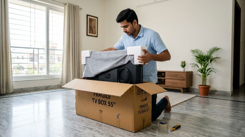 Flat-screen TV with foam corner protectors on all four corners being placed upright into a TV moving box
