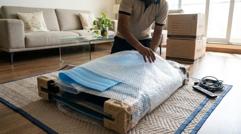 Person wrapping a flat-screen television in bubble wrap in a living room