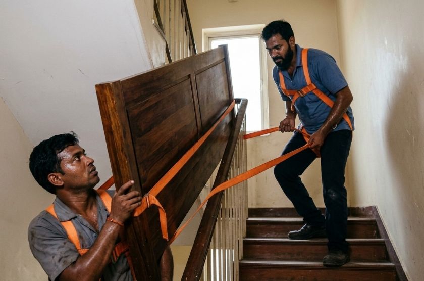 Two movers wearing shoulder moving harness straps carrying a large wooden cabinet up a staircase together