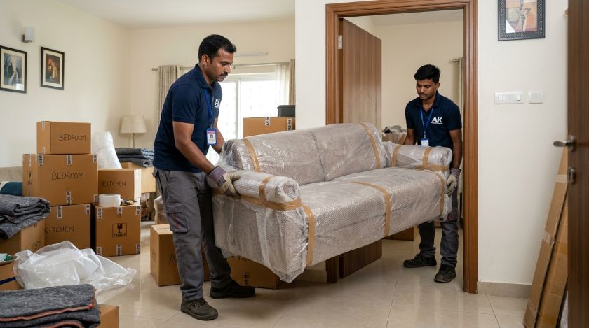 Two professional movers in branded uniforms carrying a bubble-wrapped sofa through an apartment front doorway