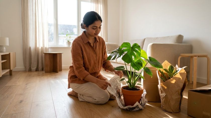 Person unwrapping newspaper from houseplants in a shaded corner of a new living room