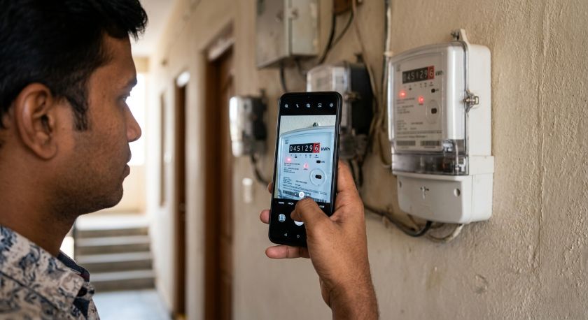 Person holding phone to photograph electricity meter reading before vacating the rental property on moving day
