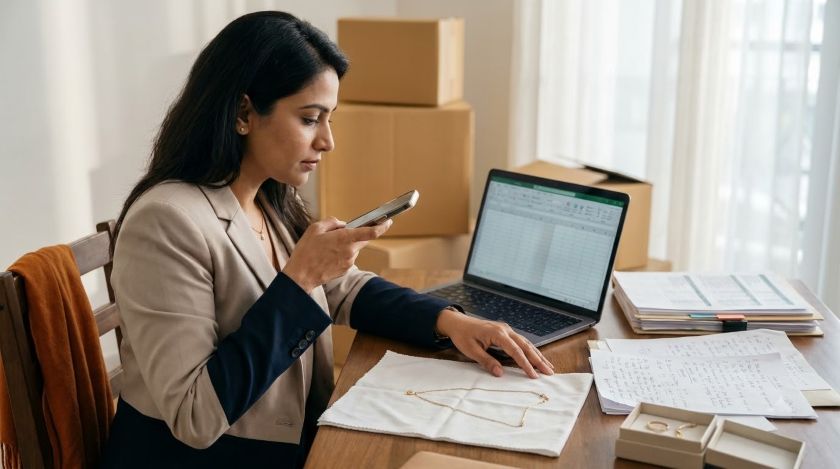 Person photographing gold jewelry on a white cloth surface while a laptop beside them shows an open inventory spreadsheet, before a house shift