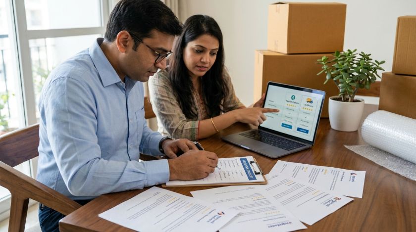 Reviewer going through AssureShift's 25-point verification checklist for a Delhi packing and moving company
