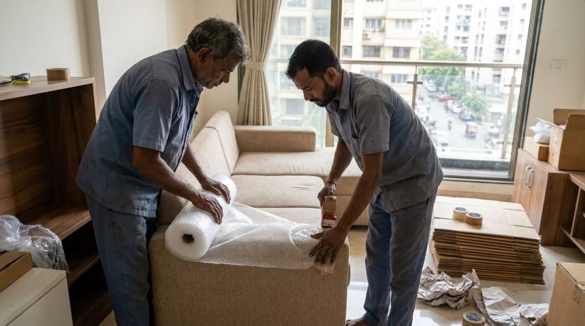 Two uniformed packers wrapping sofa with bubble wrap inside an apartment before shifting