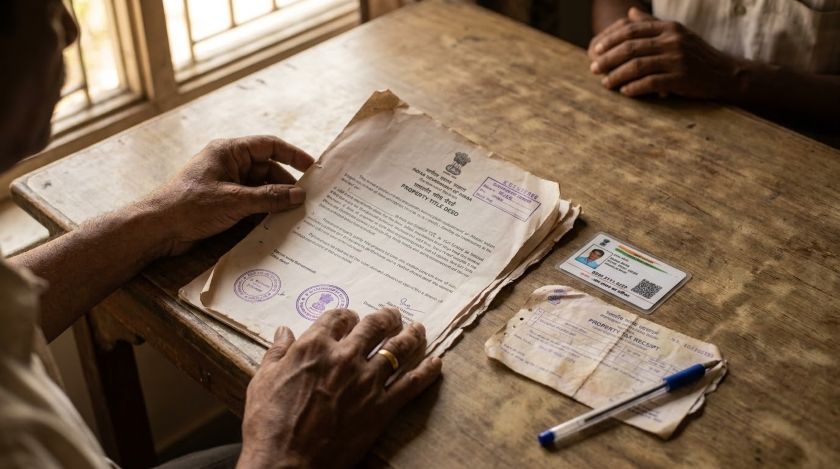Tenant examining a property title deed across a table from a landlord before paying any advance in India