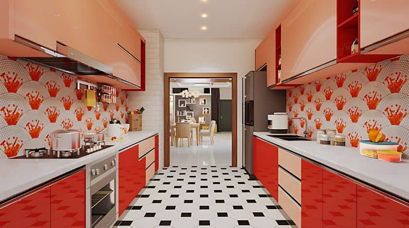 vibrant colours parallel kitchen layout
