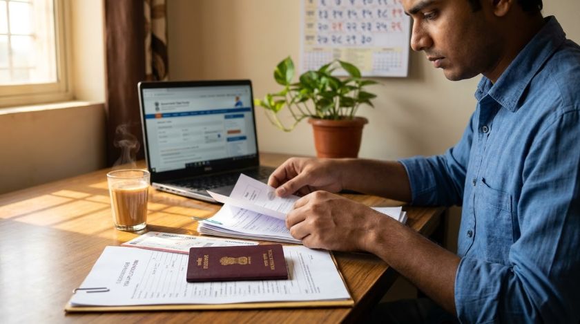 Traveler organizing passport and visa paperwork on a table before an international move