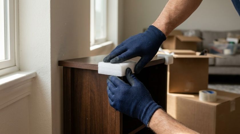 Mover fitting a foam corner guard onto a wooden cabinet edge next to a wall