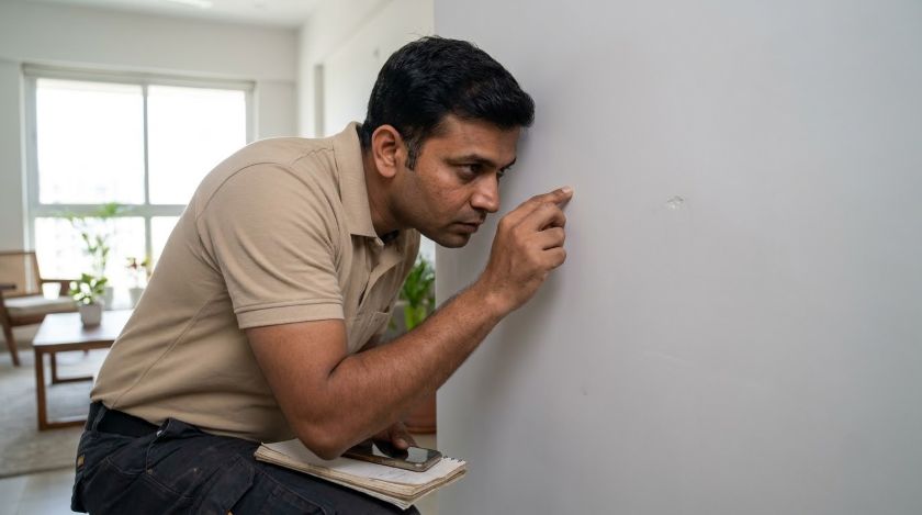 Inspector knocking on apartment wall with knuckle to detect hollow plaster before possession