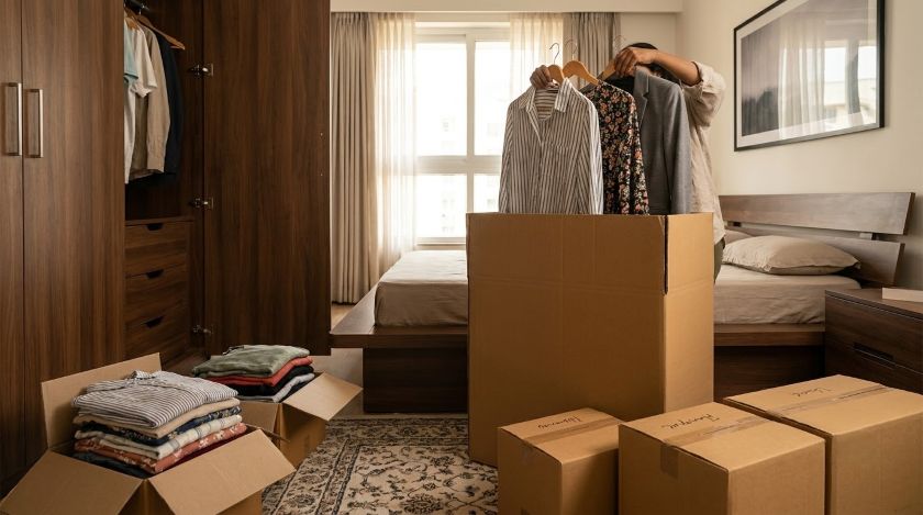 Hanging clothes being placed into a wardrobe box in a bedroom