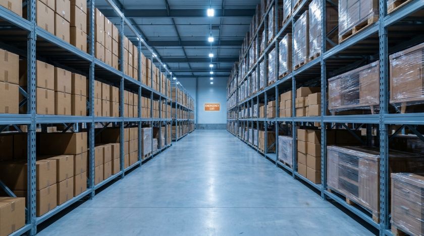 Neatly stacked moving boxes stored inside a secure warehouse facility