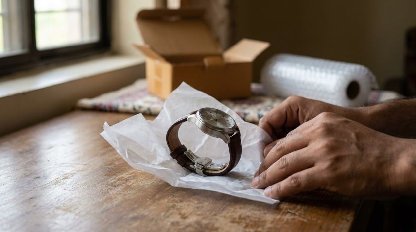 Wristwatch with its strap coiled and wrapped in soft packing paper before being placed in a small padded box