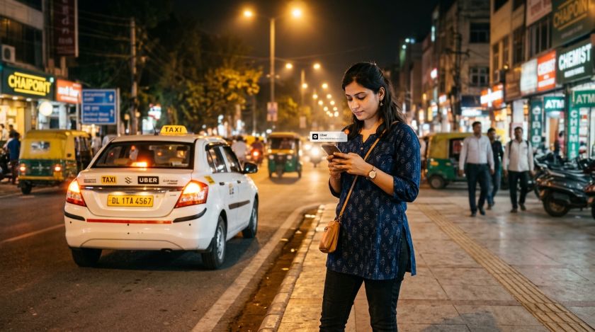 Woman checking a registered cab booking app while waiting on a well-lit Delhi street at night