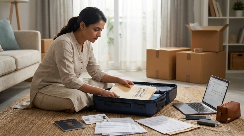 Woman placing a folder of important documents into an open suitcase before moving