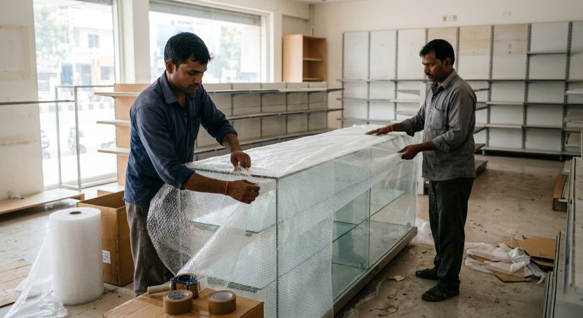 Two workers carefully bubble wrapping a glass display counter in a retail showroom before loading it onto a moving truck