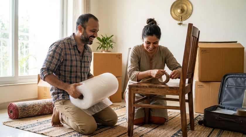 Bubble wrap and tape being used to pack a wooden furniture piece before a house move