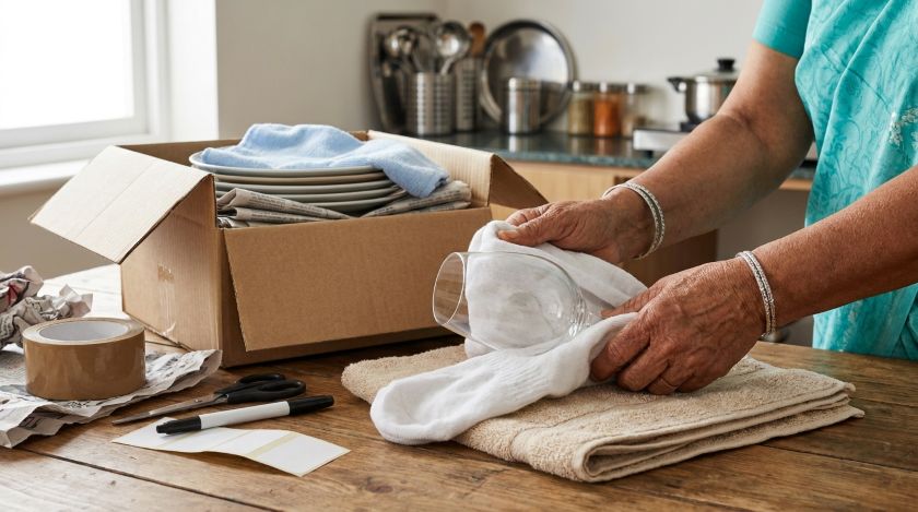 Hands wrapping a glass item in an old sock as padding before placing it into a moving box