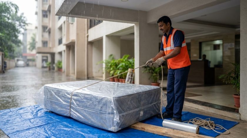 Mover in an orange safety vest tying cord around a mattress fully wrapped in thick polythene under the covered entrance of an apartment building while rain falls outside