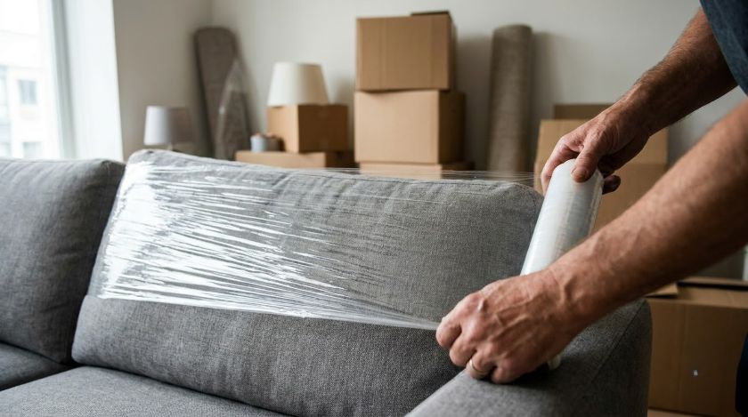 Person wrapping individual sofa cushions in plastic stretch wrap before a move